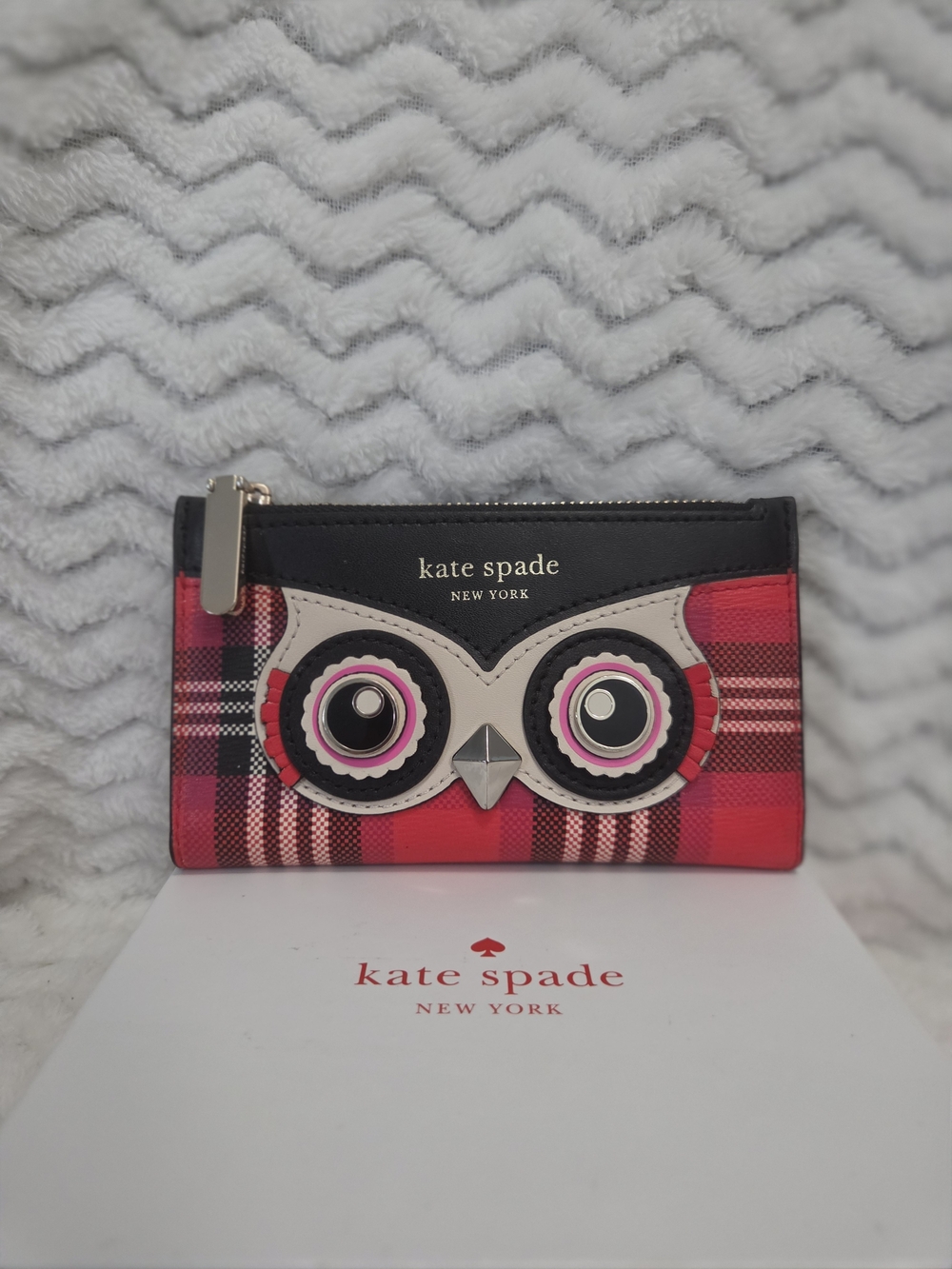 kate spade Blinks Red Plaid Owl Zip Card Holder New In Box